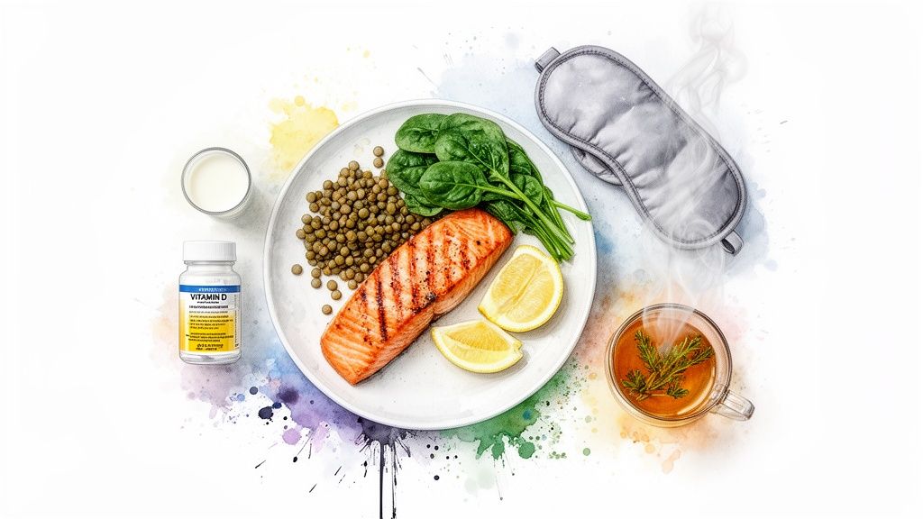 Eine gesunde Mahlzeit mit Lachs, Linsen, Spinat, Vitamin D, Milch, Schlafmaske und Kräutertee für Wohlbefinden.