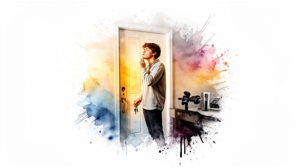 Junger Mann mit Schlüsseln vor einer Tür, nachdenklich in einem farbenfrohen Aquarell-Effekt.