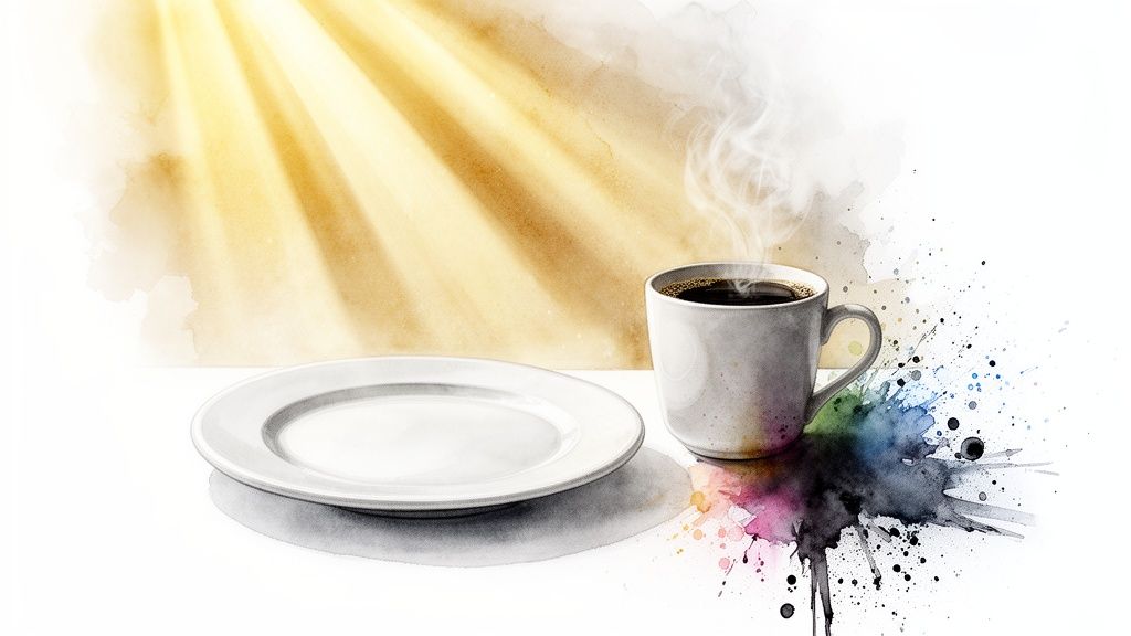 Ein weißer Teller und eine dampfende Tasse Kaffee im Aquarell-Stil mit bunten Farbspritzern und Sonnenstrahlen.