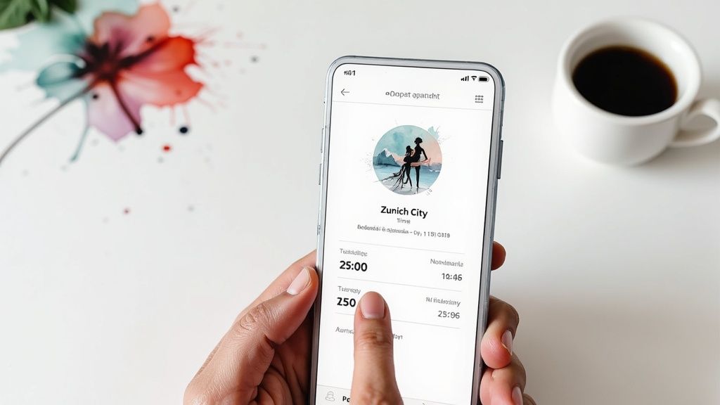 Eine Person hält ein Smartphone mit einer App für 'Zürich City' und Zeitangaben, neben einer Tasse Kaffee.