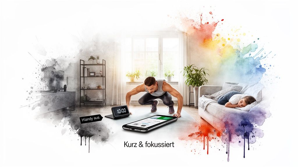 Ein Mann trainiert fokussiert mit Timer und Smartphone, während eine Person daneben schläft. Aquarell-Effekt.