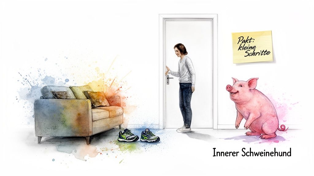 Eine Frau überwindet ihren inneren Schweinehund, dargestellt als Schwein, um Sport zu treiben, mit einem 'Kleine Schritte'-Pakt.