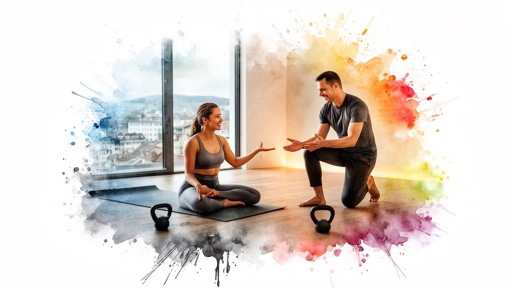 Lachende Frau in Yogaposition und Trainer beim Fitness-Training mit Kettlebells auf dem Boden.