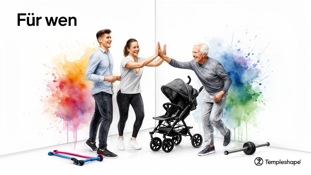 Drei lachende Menschen unterschiedlichen Alters, High-Five, umgeben von Fitnessgeräten und einem Kinderwagen.