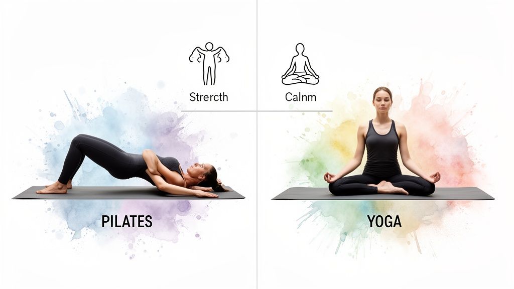 Zwei Frauen praktizieren auf Matten: links Pilates für Stärke und Dehnung, rechts Yoga für innere Ruhe und Entspannung.