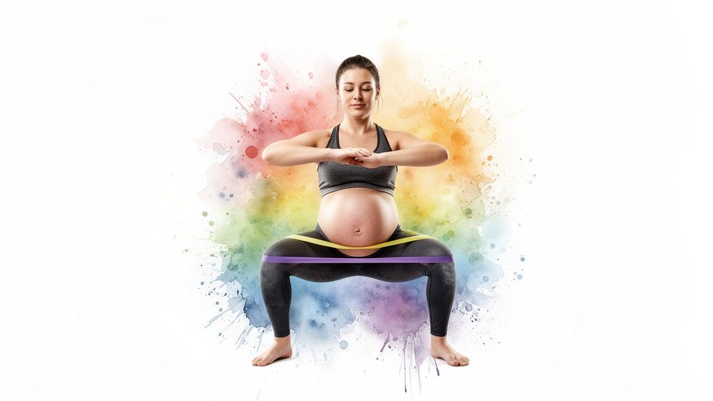 Schwangere Frau macht Kniebeugen mit Widerstandsbändern vor farbenfrohem, aquarellähnlichem Hintergrund.