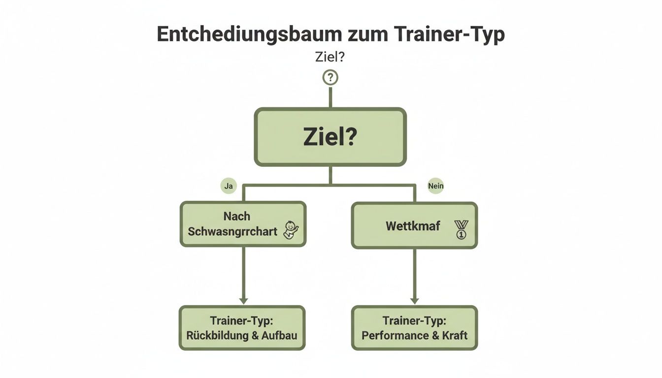 Entscheidungsbaum zur Bestimmung des Trainer-Typs, basierend auf Zielen wie Schwangerschaft oder Wettkampf.