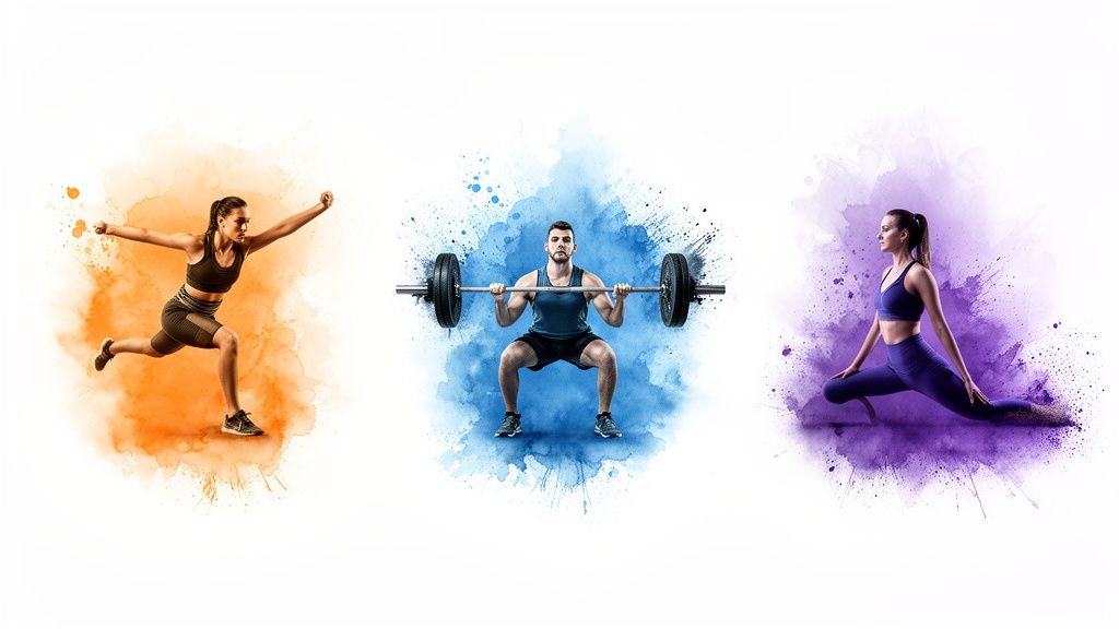 Drei Personen trainieren: Eine Frau läuft, ein Mann hebt Gewichte und eine Frau macht Dehnübungen.