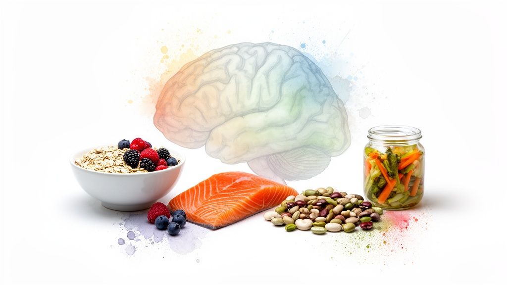 Gesunde Lebensmittel wie Beeren, Lachs, Bohnen und Gemüse fördern die Gehirn- und Darmgesundheit.