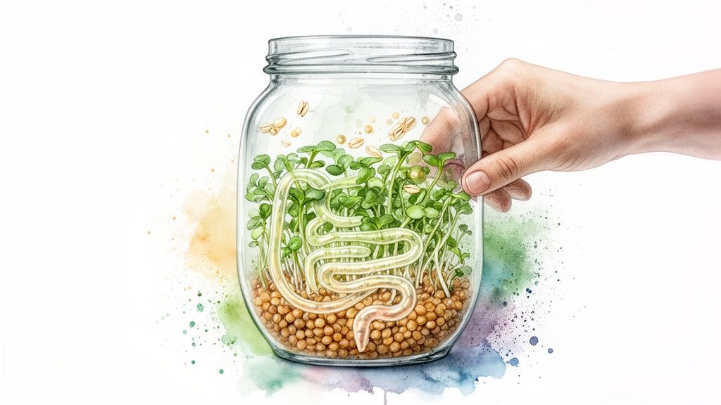 Eine Hand hält ein Glas mit grünen Sprossen, Samen und einer Darmdarstellung, symbolisierend gesunde Verdauung.
