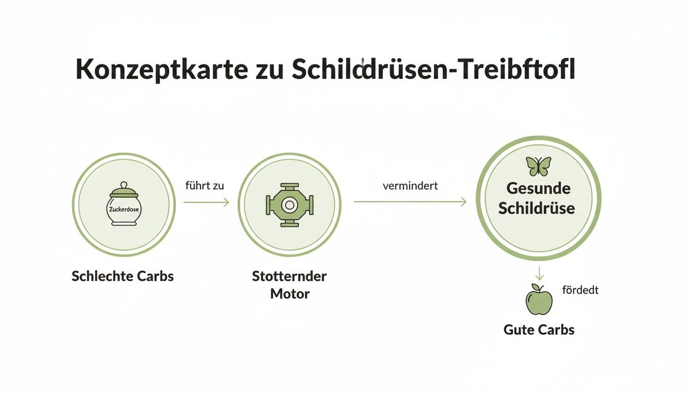Konzeptkarte zeigt, wie schlechte Carbs den Stoffwechsel stören und die Schilddrüse beeinträchtigen, während gute Carbs sie fördern.