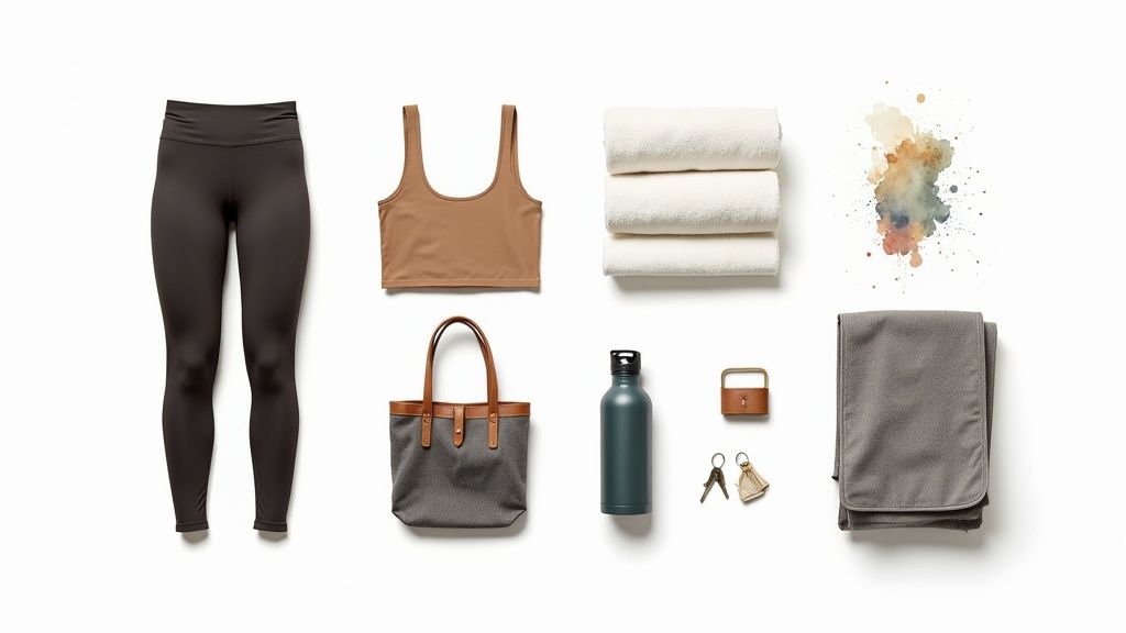 Flache Ansicht von Yoga- und Sportbekleidung sowie Zubehör, darunter Leggings, Sport-BH, Handtücher und Trinkflasche.