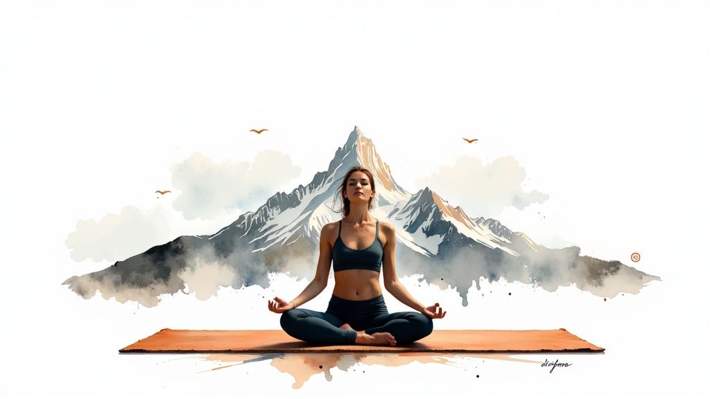 Eine Frau meditiert in Lotusposition auf einer Yogamatte, mit stilisierten Bergen und Vögeln im Hintergrund.