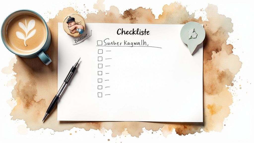 Flaches Lay-Out mit Kaffee, Stift, Notizblock und Checkliste auf einem aquarellierten Hintergrund.