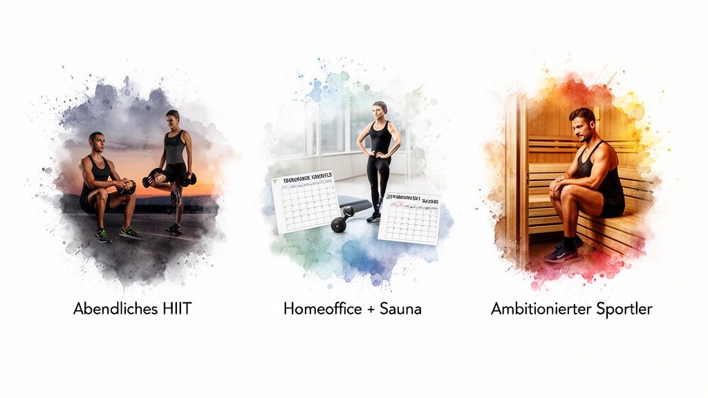 Drei Sport- und Wellness-Szenarien: HIIT-Training, Home-Workout-Planung und Entspannung in der Sauna.