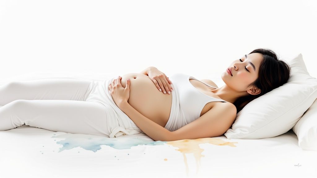 Schwangere Frau schläft friedlich auf dem Rücken, Hände auf ihrem Bauch, umgeben von Farbspritzern.