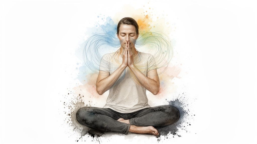 Eine meditierende Person sitzt im Lotussitz mit betenden Händen, umgeben von bunten Aquarellspritzern und energetischen Linien.