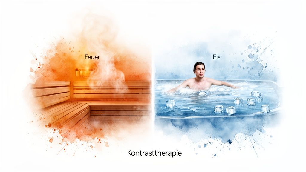 Darstellung der Kontrasttherapie mit einer warmen Sauna und einem kalten Eisbad für therapeutische Zwecke.