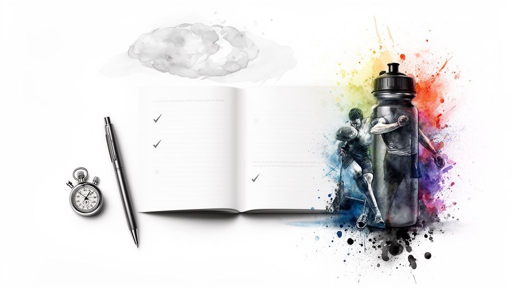 Ein Notizbuch, Stift, Stoppuhr und Sportflasche mit Aquarell-Sportlern für mentales Training.