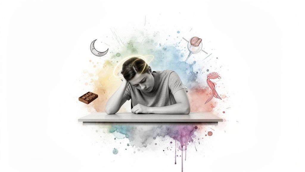 Eine müde Person sitzt an einem Tisch, umgeben von schwebenden Symbolen wie Schokolade, Mond und einem Gehirn, vor farbigen Aquarellspritzern.