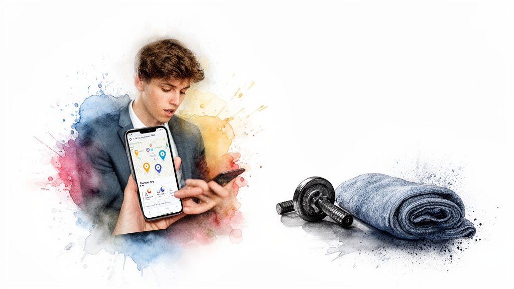 Junger Mann betrachtet Fitness-App mit Karte auf Smartphone, daneben Hantel und Handtuch.
