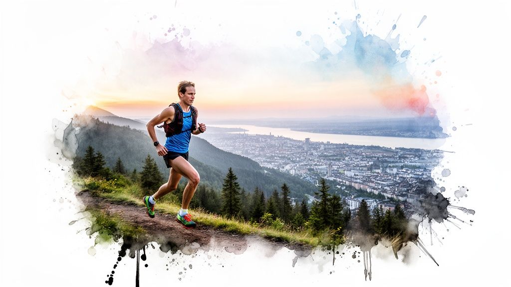 Mann beim Trailrunning auf einem Bergpfad, Blick auf eine Stadt und einen See bei Sonnenuntergang.