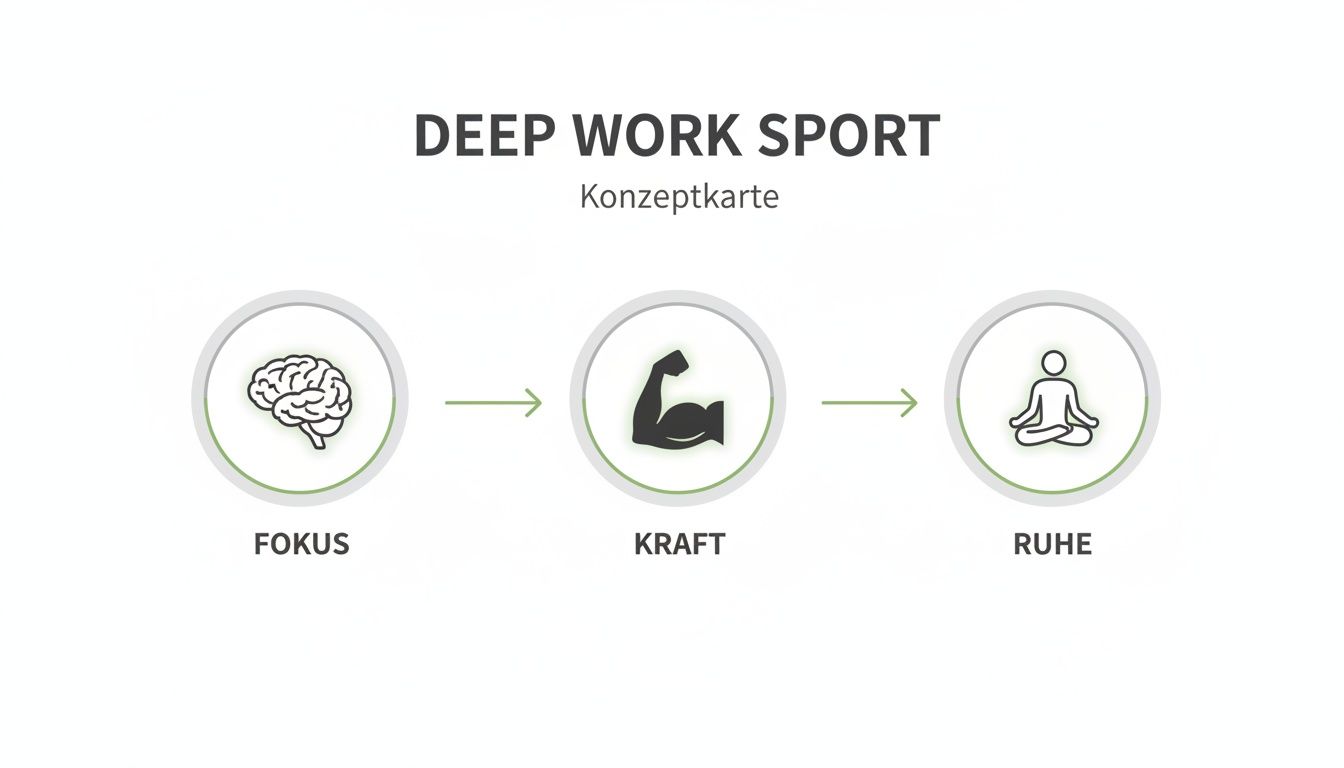 Konzeptkarte 'Deep Work Sport' mit Schritten Fokus (Gehirn), Kraft (Bizeps) und Ruhe (meditierende Person), verbunden durch Pfeile.