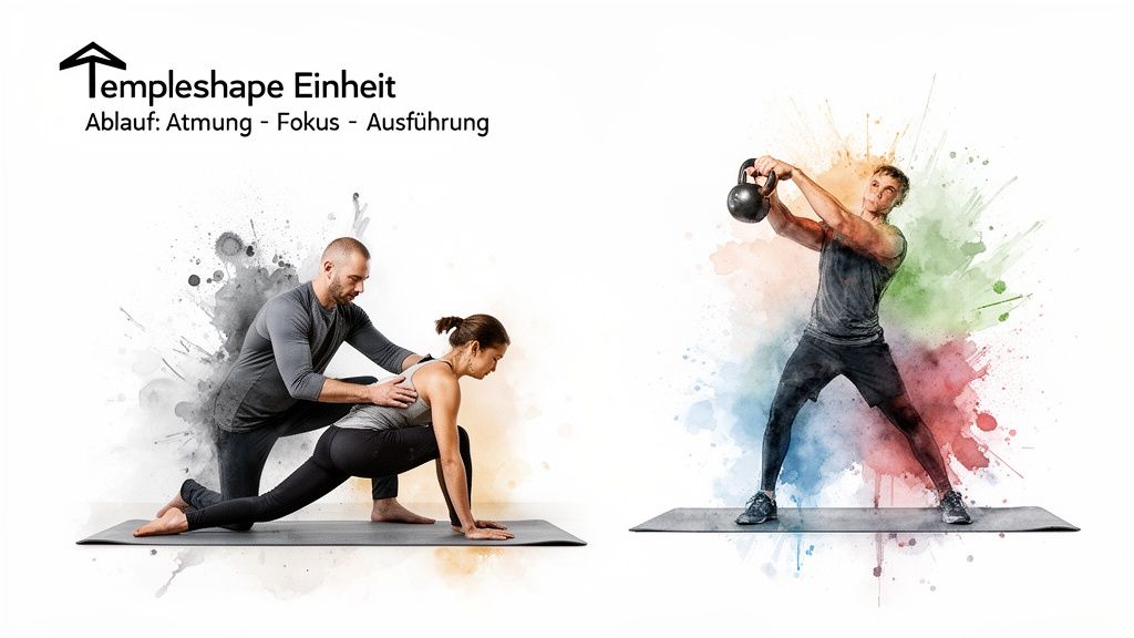 Trainer hilft Frau bei Dehnübung, während Mann mit Kettlebell trainiert, mit Text zu Templeshape Einheit.