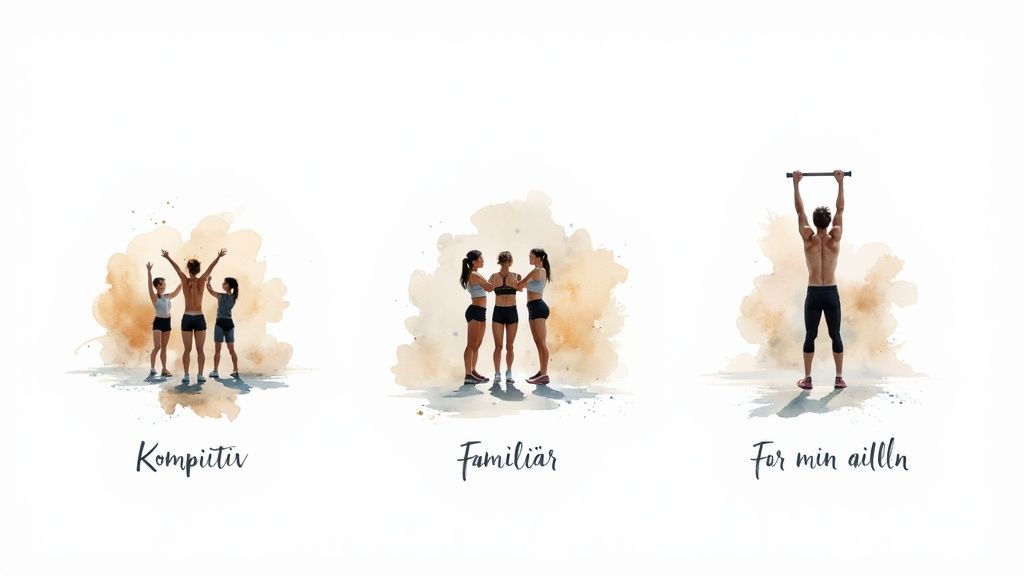 Drei Szenen zeigen Menschen beim Sport: eine Gruppe, die jubelt, eine, die zusammensteht, und einen Mann an einer Klimmzugstange.