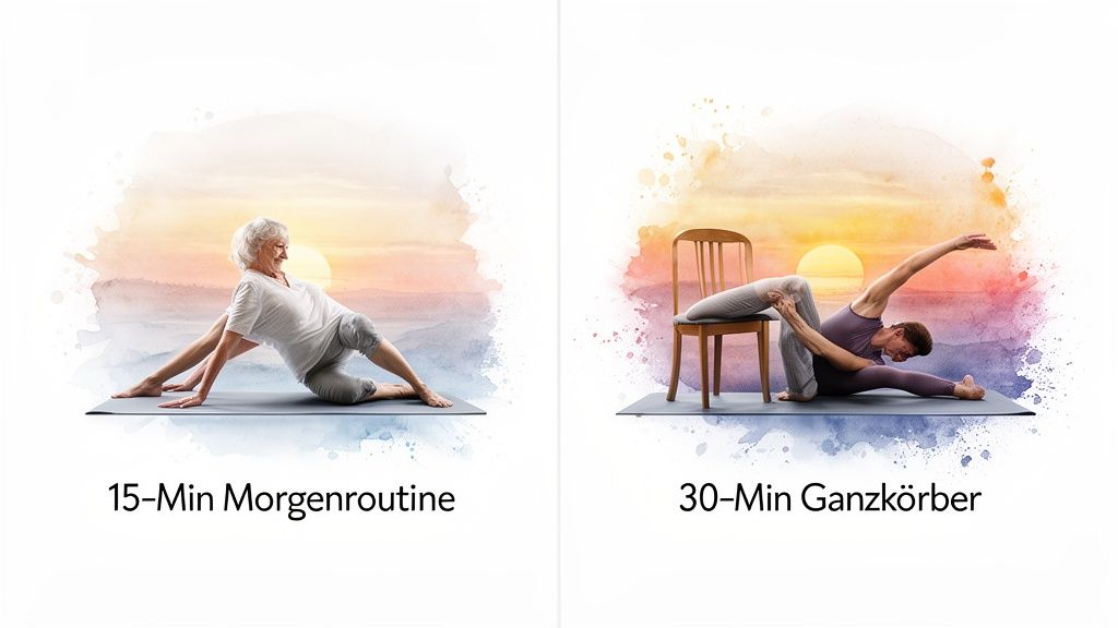 Zwei Yoga-Szenen: Eine ältere Frau bei Morgenroutine und eine Person mit Stuhl für Ganzkörpertraining vor Sonnenaufgang.