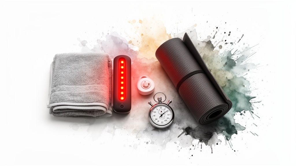 Fitness- und Wellnessausrüstung: Handtuch, Rotlichtgerät, Yogamatte und Stoppuhr auf weißem Hintergrund mit Farbspritzern.