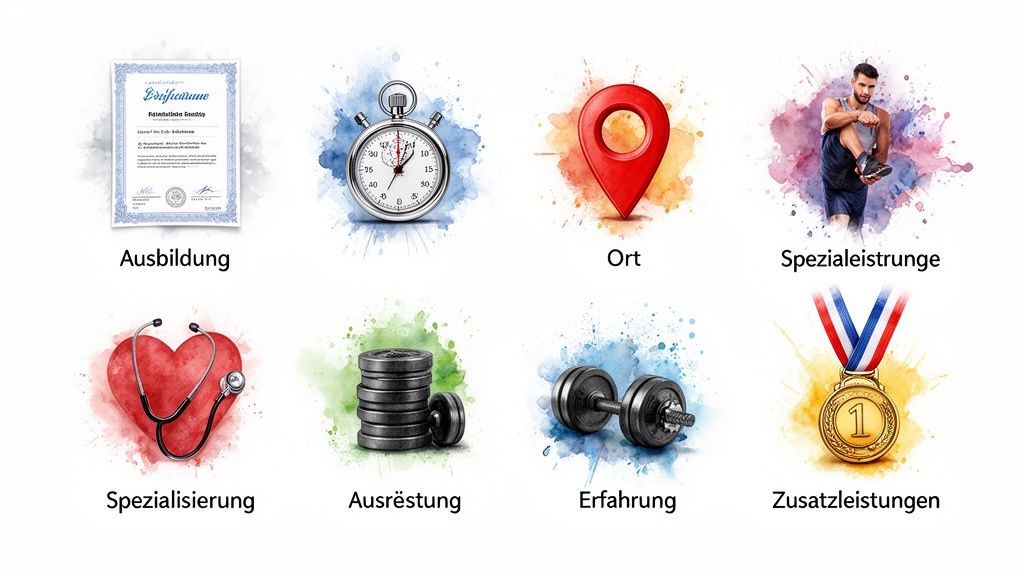 Acht Icons zeigen Qualifikationen und Dienstleistungen eines Personal Trainers: Ausbildung, Ort, Spezialleistung, Spezialisierung, Ausrüstung, Erfahrung und Zusatzleistungen.