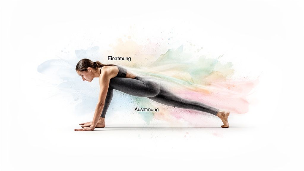 Frau in Yoga-Ausfallschritt-Pose, die Ein- und Ausatmung durch farbige Pinselstriche darstellt.