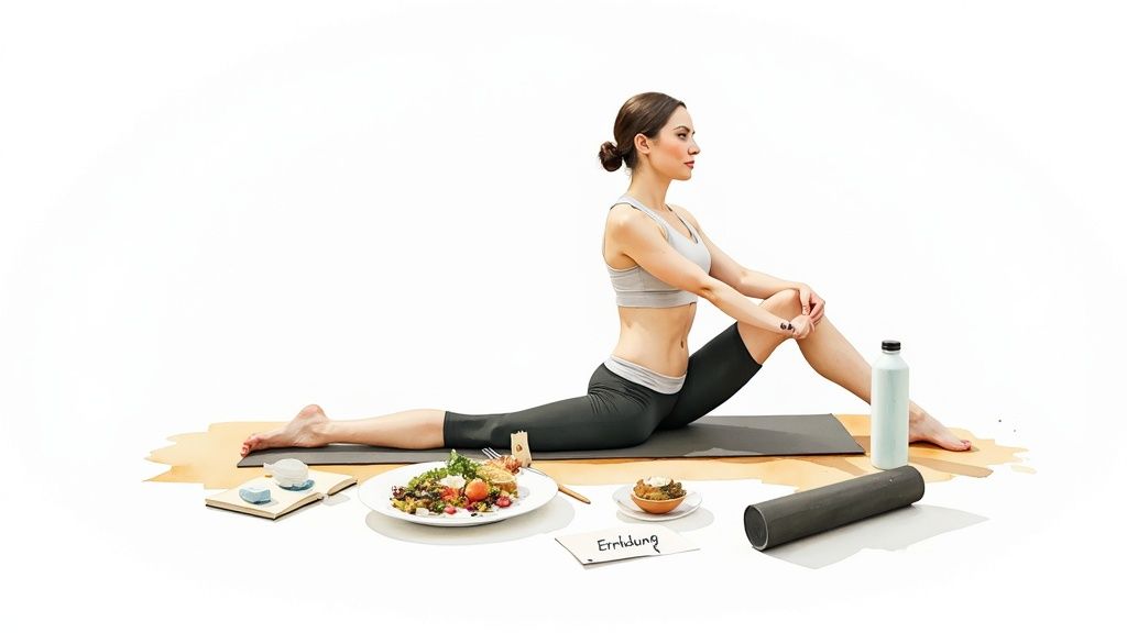 Eine Frau in Sportkleidung sitzt auf einer Yogamatte, umgeben von einer gesunden Mahlzeit und Fitnesszubehör.