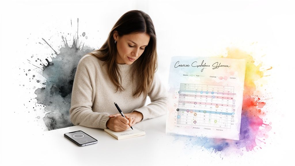 Junge Frau schreibt in Notizbuch, daneben Smartphone und Kalender für Zyklus-Tracking. Kontext: Training und Frauengesundheit.