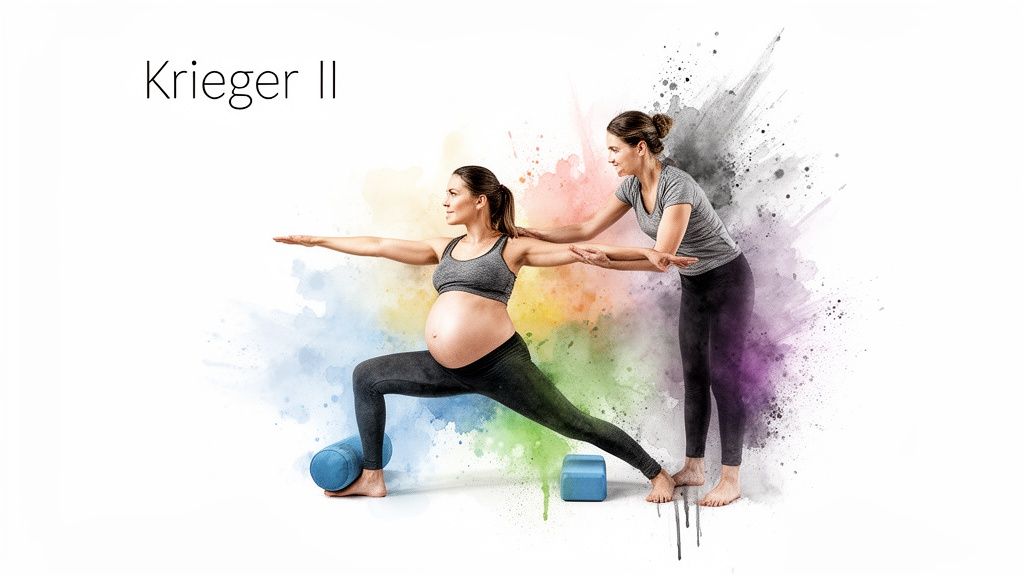 Eine schwangere Frau in der Krieger II Yoga-Pose, assistiert von einer Lehrerin.