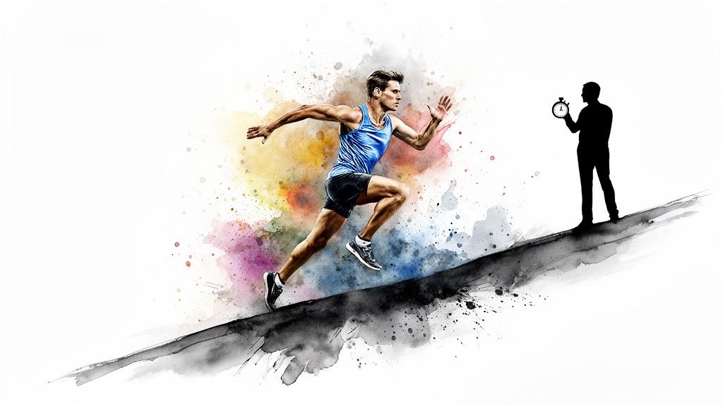 Ein Läufer sprintet einen Hügel hinauf, während eine Person mit Stoppuhr die Zeit nimmt. Kunstvoller Wasserfarben-Stil.