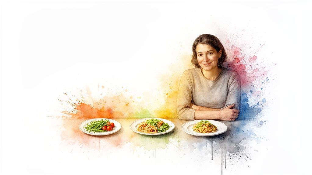 Eine lächelnde Frau sitzt an einem Tisch mit drei Tellern verschiedener gesunder Speisen, umgeben von bunten Farbspritzern.