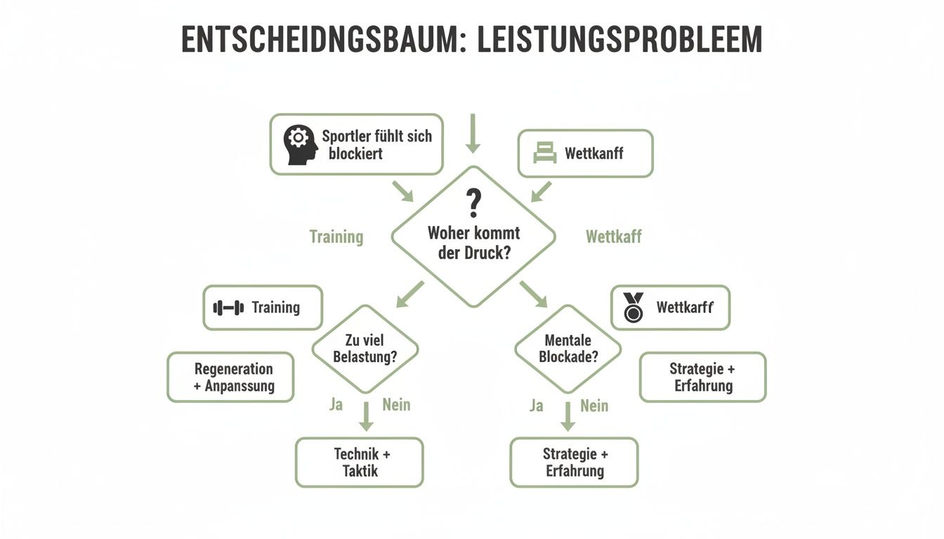 Ein Entscheidungsbaum zur Analyse von Leistungsproblemen im Sport, mit Ursachen wie blockierten Gefühlen, zu viel Belastung und mentalen Blockaden.