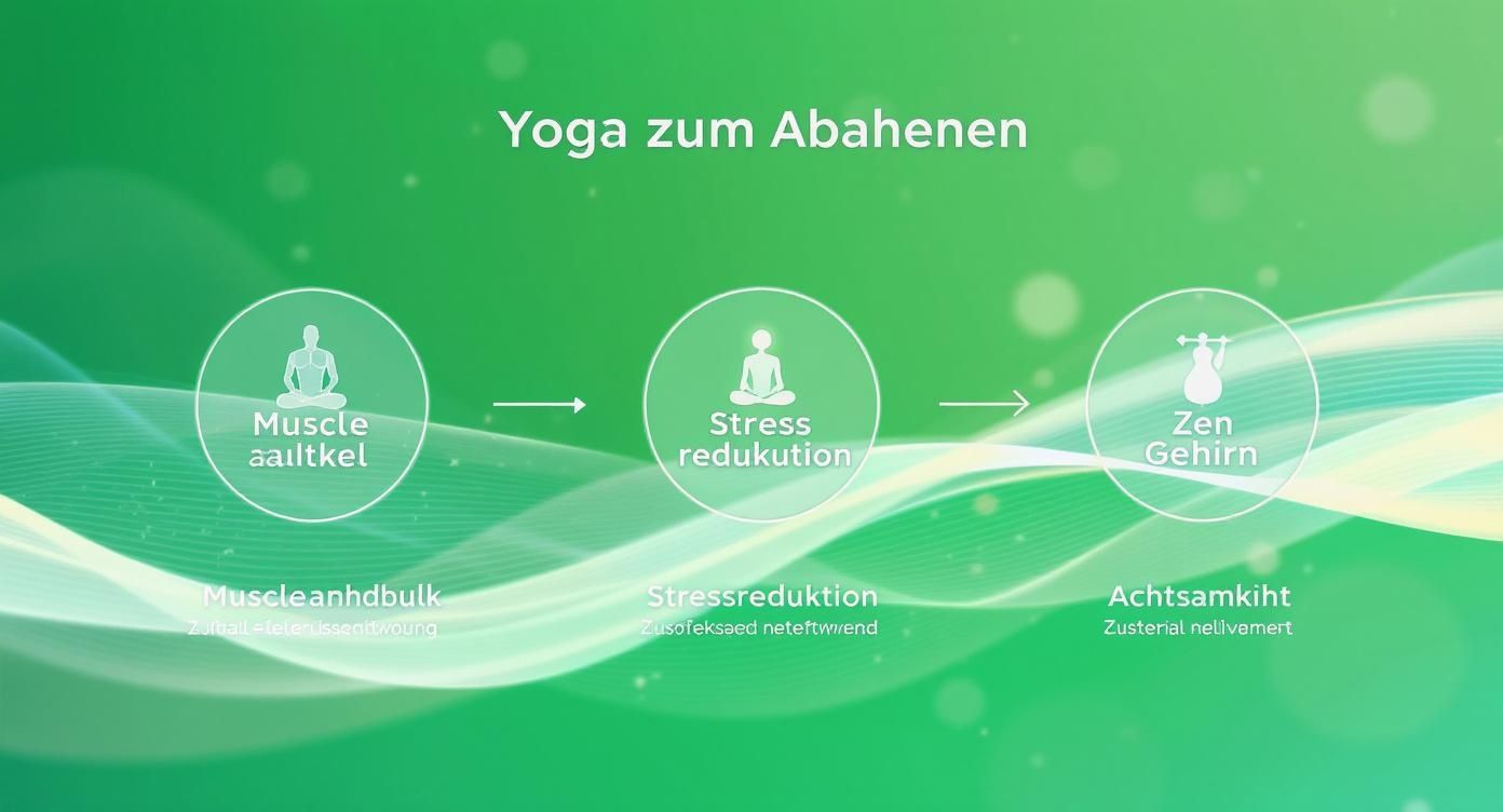 Infografik über Yoga zum Abnehmen, die den Prozess von Muskel, Stressreduktion zu Zen-Gehirn visualisiert.
