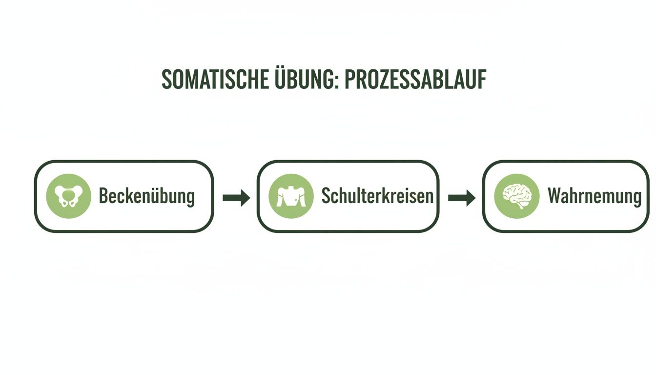 Flussdiagramm der somatischen Übung: Beckenübung, Schulterkreisen und Wahrnehmung als Ablaufschritte.
