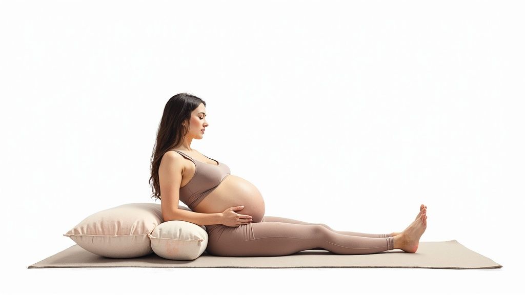 Schwangere Frau in Yoga-Kleidung liegt entspannt auf einer Matte mit Kissen und berührt ihren Bauch.