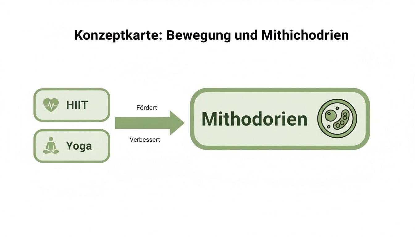 Konzeptkarte visualisiert, wie Sportarten wie HIIT und Yoga die Mitochondrien fördern und verbessern, dargestellt mit einer Zelle.