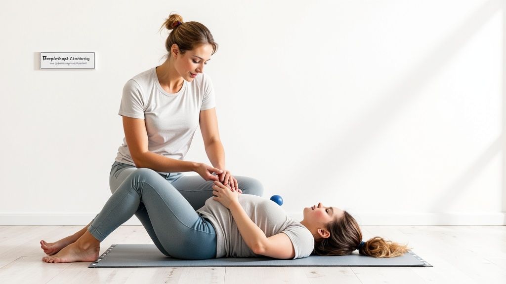 Physiotherapeutin leitet junge Frau bei einer Rückbildungsübung auf Yogamatte an.