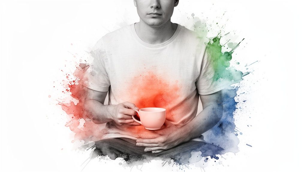 Mann mit Kaffeetasse vor dem Bauch, rote Flecken symbolisieren Magenprobleme und Verdauungsbeschwerden.