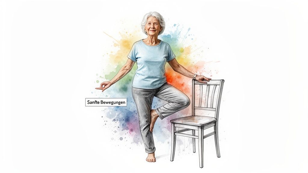 Ältere Frau praktiziert sanfte Yoga-Übung in Baumhaltung mit Stuhlunterstützung, umgeben von farbigen Spritzern.