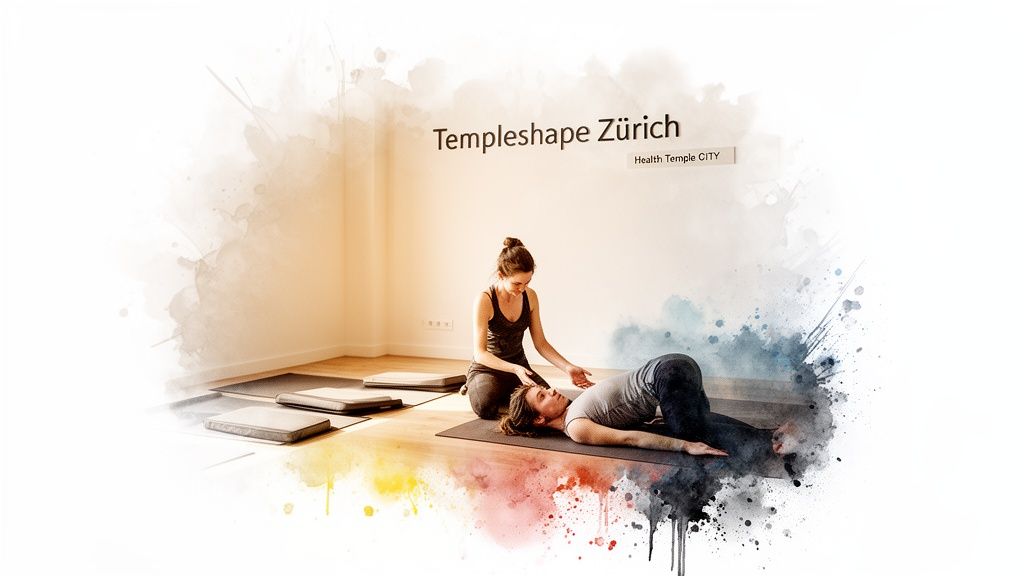 Zwei Frauen beim Yoga in einem Raum mit Watercolor-Effekt, eine instruiert die andere auf einer Matte.