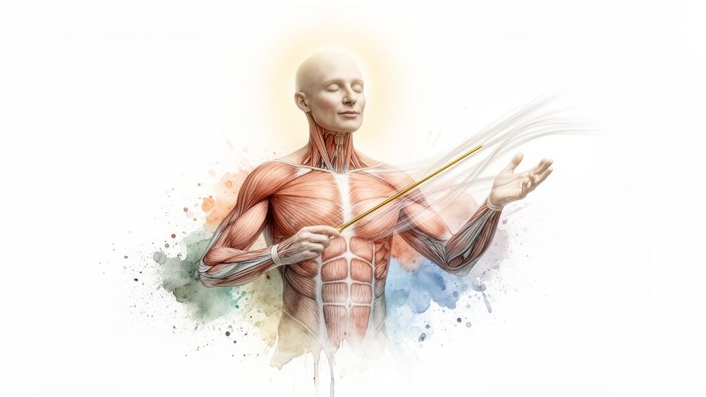 Menschliche Anatomie mit leuchtendem Kopf und Dirigentenstab, umgeben von Aquarellspritzern auf Weiß.