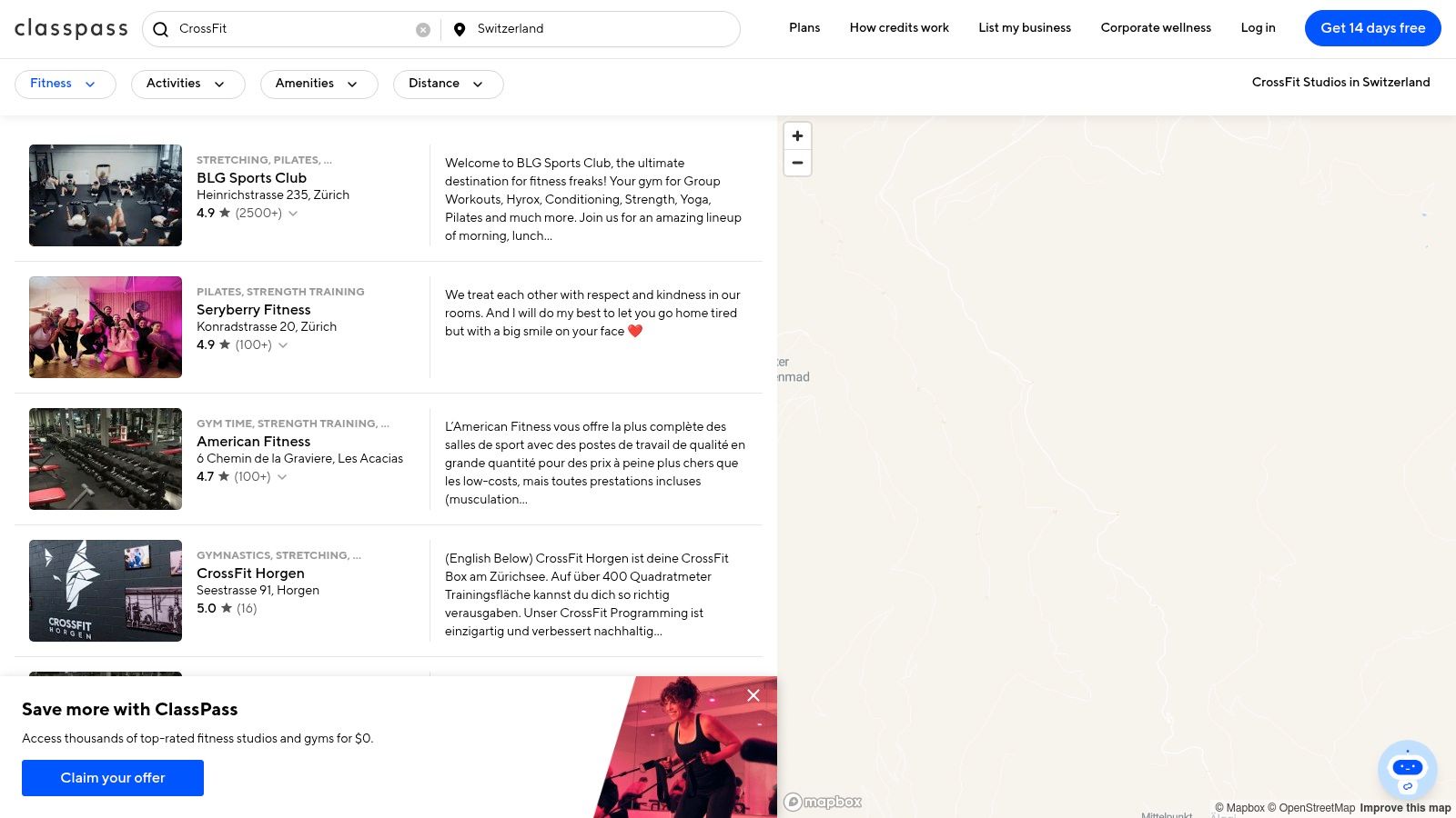 Eine Fitness-App wie ClassPass zeigt verschiedene Kursoptionen auf einem Smartphone an.