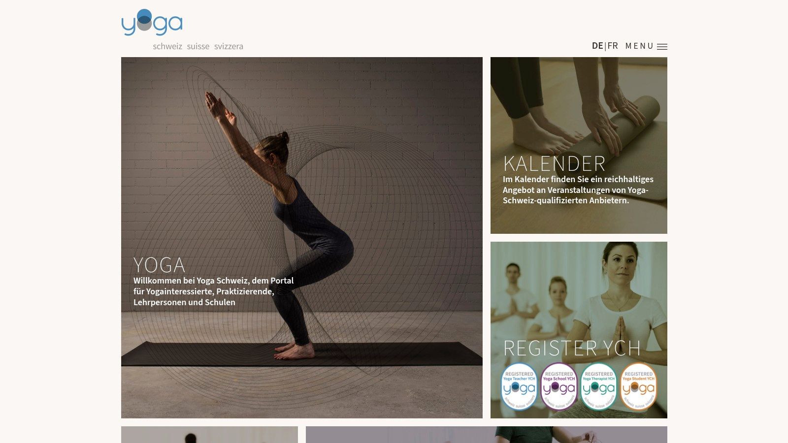 Die Startseite der Yoga Schweiz Webseite, die verschiedene Yoga-Posen und eine ruhige Atmosphäre zeigt.